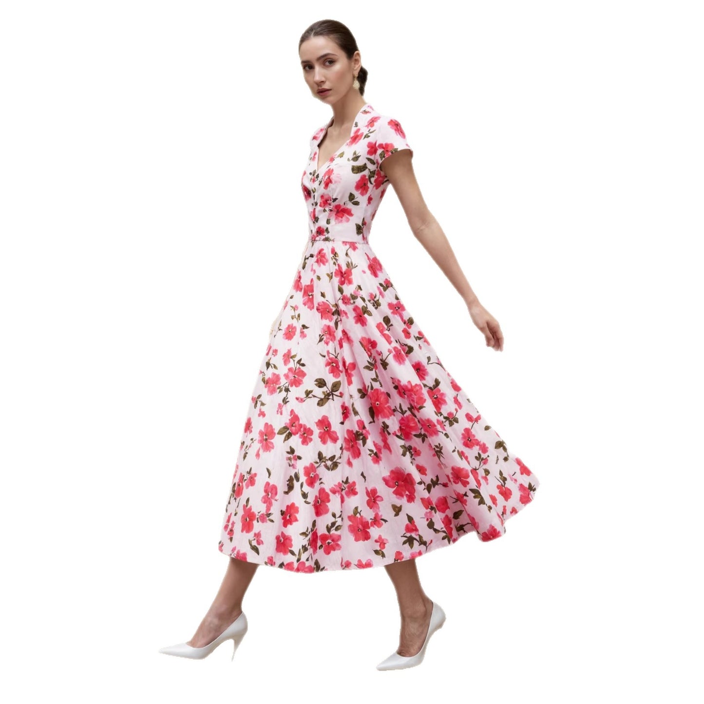 Retro Casual Printed V-neck Short-sleeve Womens Dress