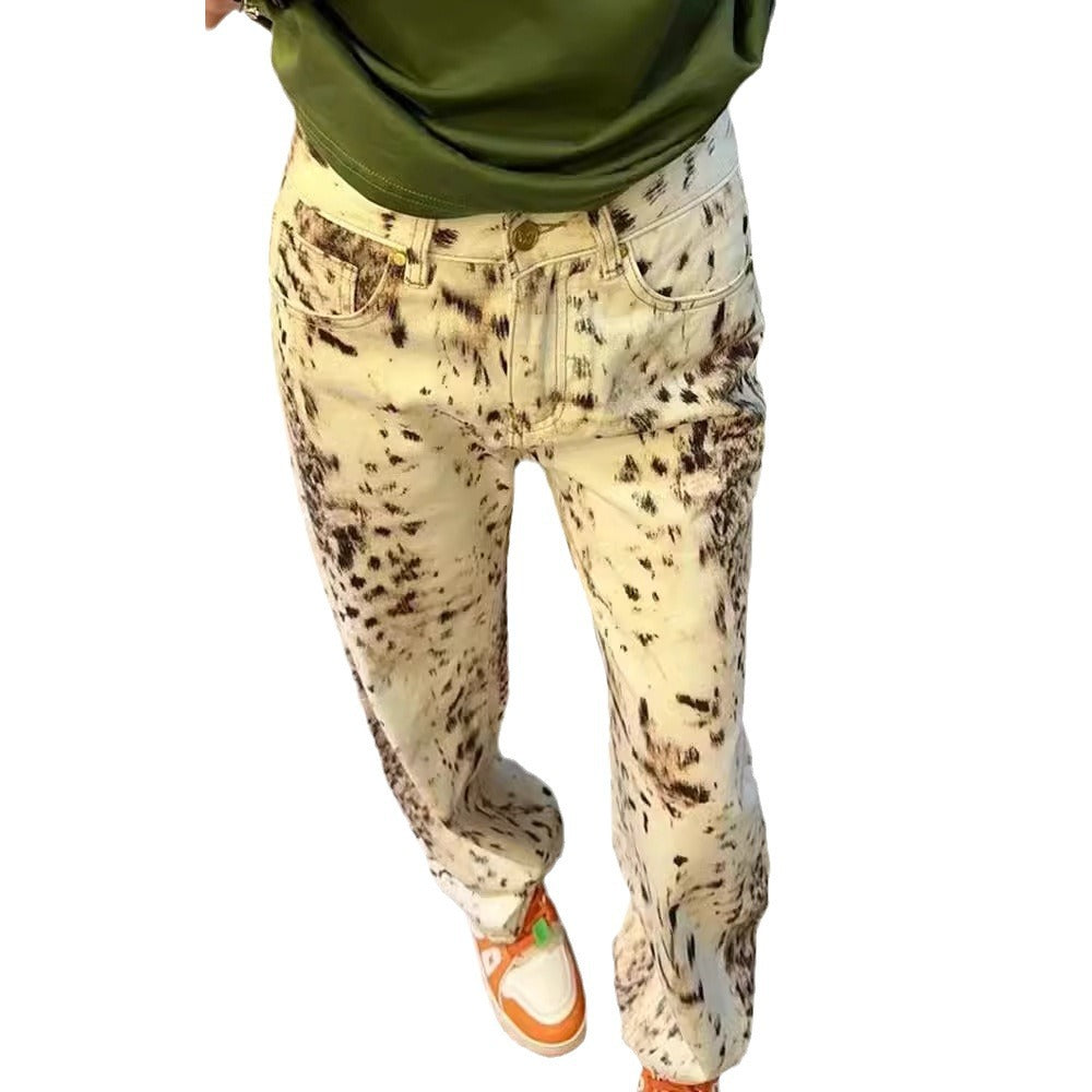 New Vintage Leopard Print Straight All-matching High Waist Slimming Women's Jeans