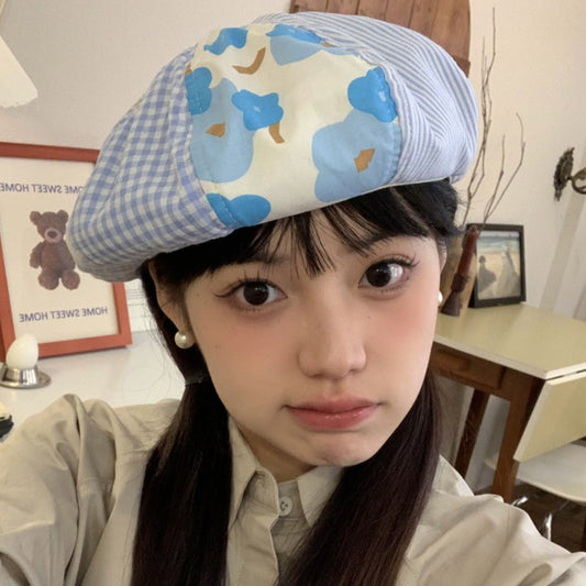 Japanese-style Blue Plaid Patchwork Beret