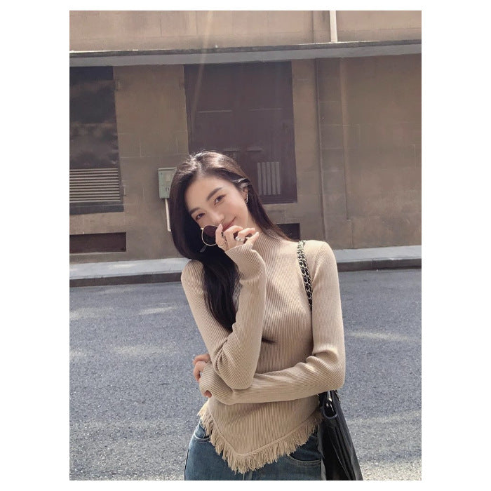 Women's Solid Color Semi High Neck Tassel Knit Base Sweater