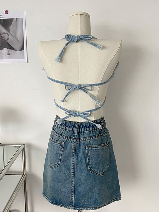 Embroidered Camisole With Butterfly Theme Sexy Blue Stage Performance Top For Girl Groups