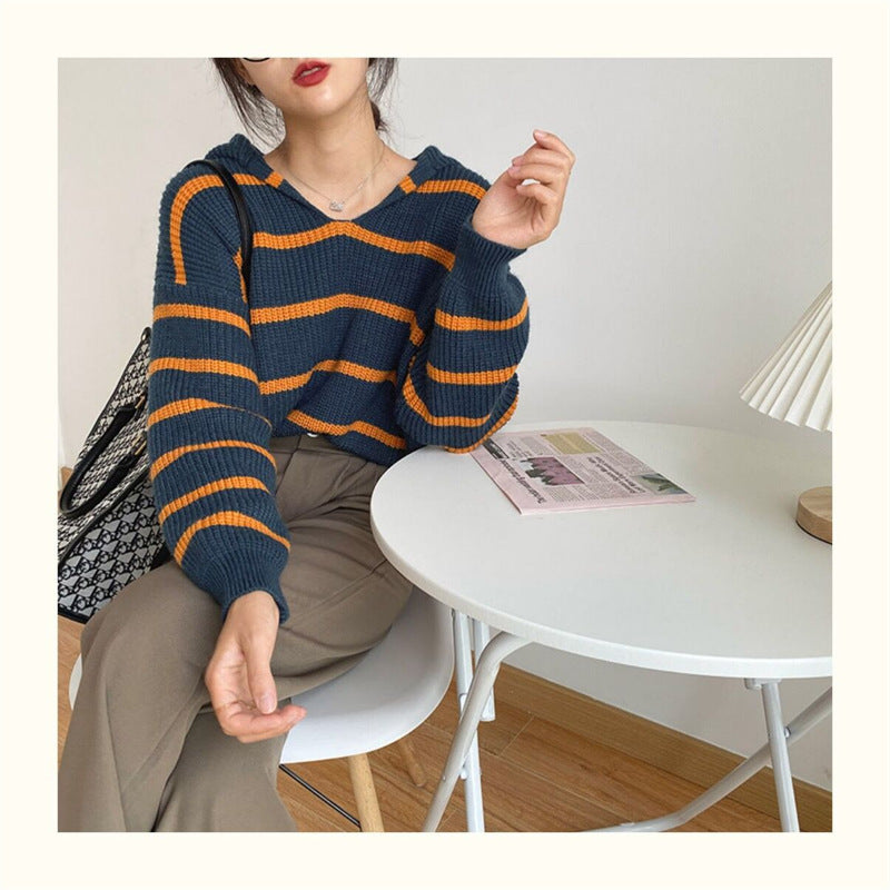 Sailor Collar Western Style Striped Loose Long Sleeve Top Women