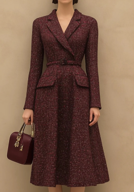 Retro Elegant Red Tweed Skirt With A Lapel Neckline