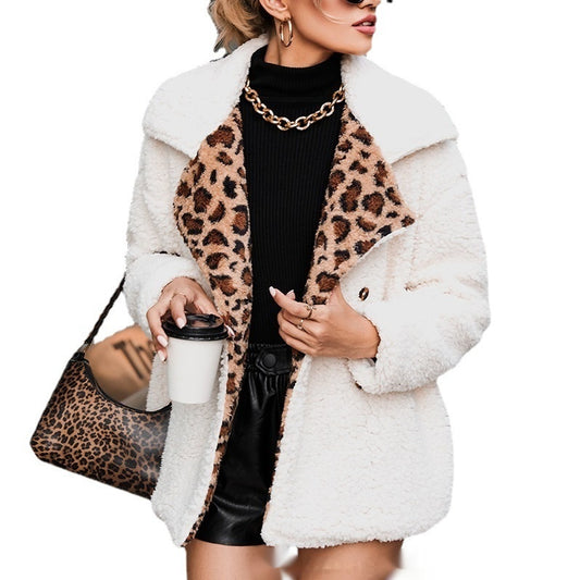 Women's Clothing Leopard Splicing Plush Long Sleeve Coat