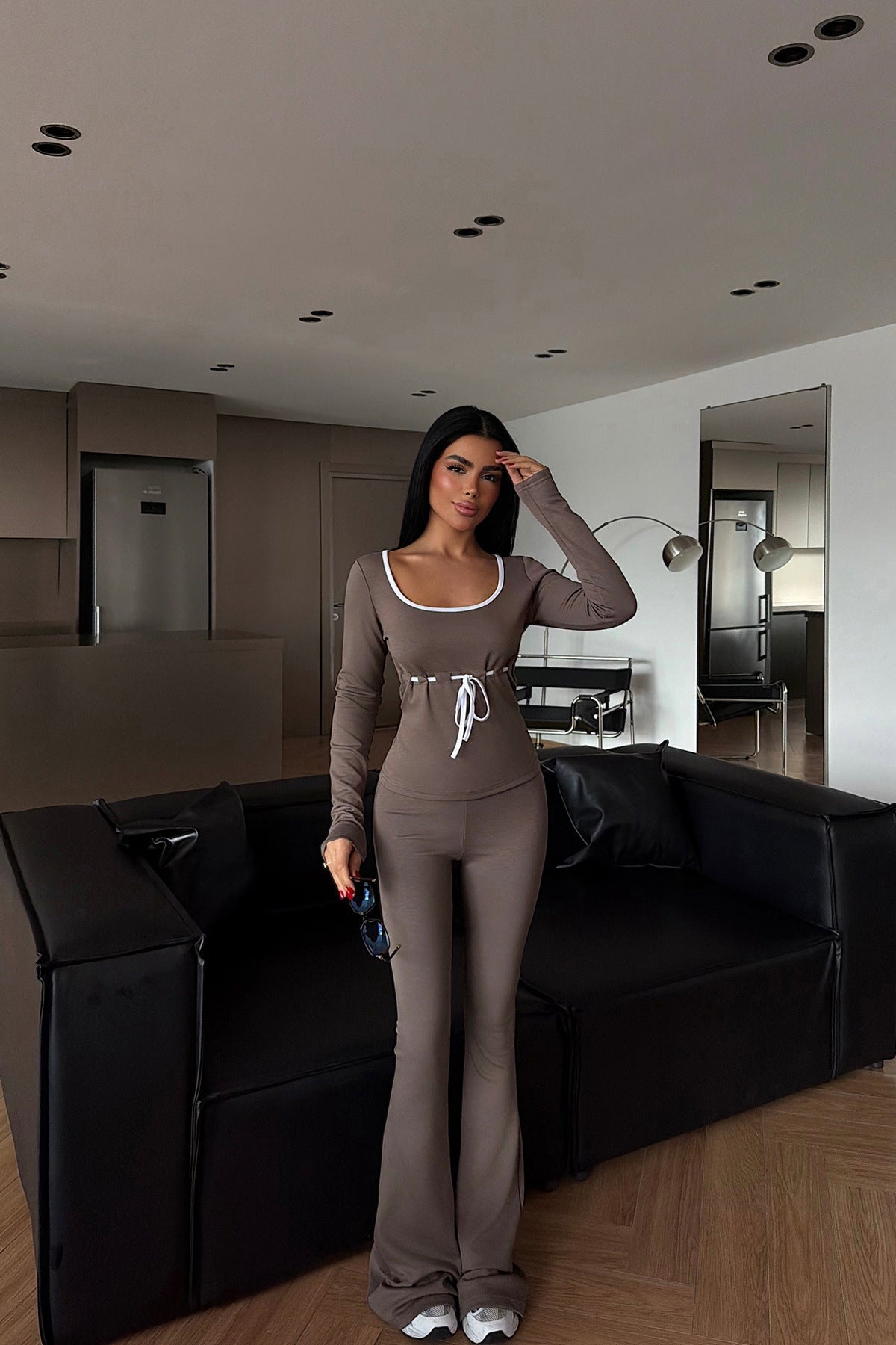 Long-sleeve Drawstring Top And Floor-length Pants Two-piece Set