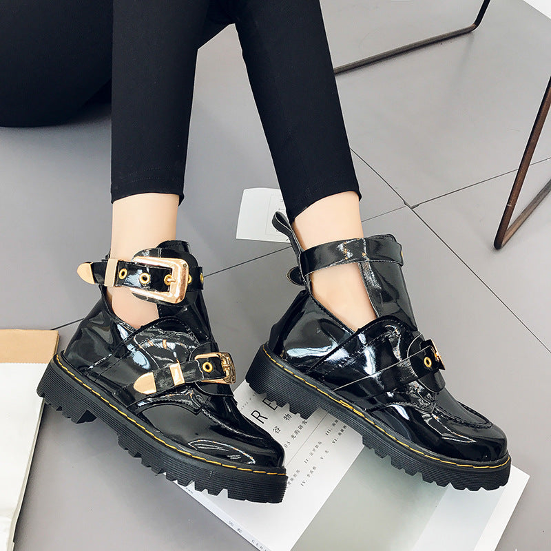 Patent Leather Metal Buckle Martin Boots Side Air Breathable Women