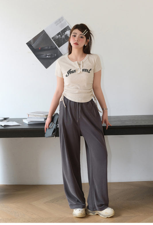 Women's Short-sleeved T-shirt With Loose Shoulder Width Slimming Drawstring Printed