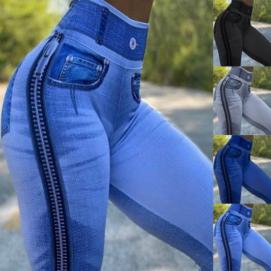 Højtaljede fitnessbukser til kvinder – tætsiddende denim yogabukser