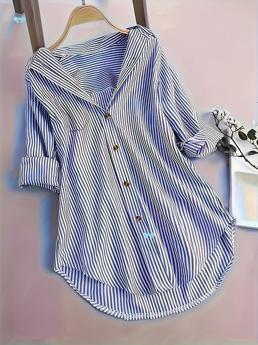 Women's Striped Button Casual Loose Long-sleeved Shirt