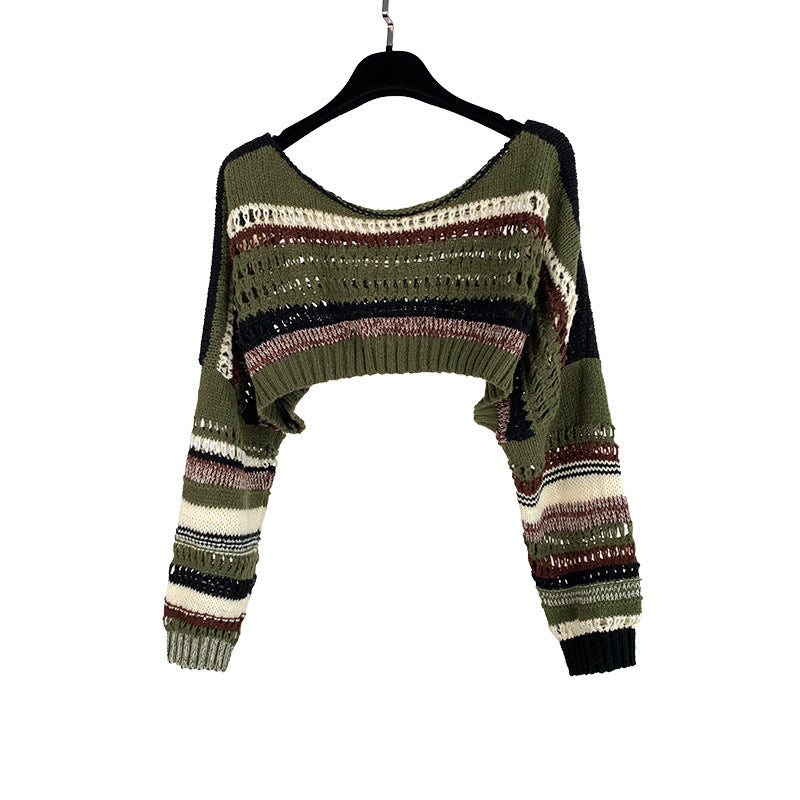 Retro American Hot Girl Lazy Sweater Women's Crocheted Striped Stitching Loose Short