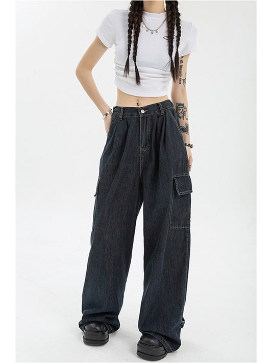 Retro Design Sense High Waist Straight Loose Wide Leg Mop Pants