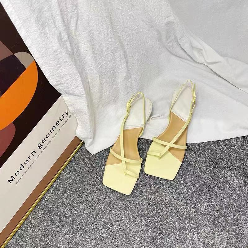 Printed Color-blocking Square Toe Flip-flop Mid-heel Fairy Style Back Strap High Heels