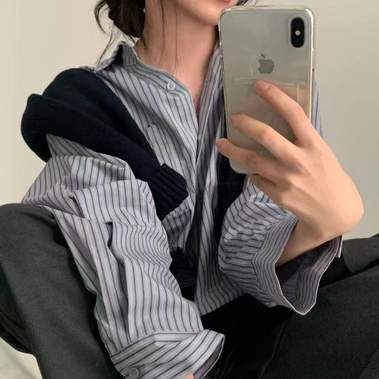 Striped Lapel Drawstring Long-sleeved Shirt Women's Loose Short