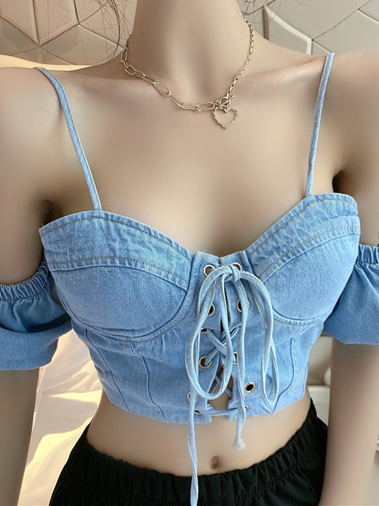 Fashion Sexy Washing Short Wrap Chest Strap Denim Vest Women
