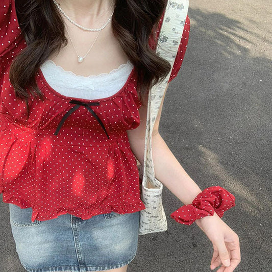 Women's Lace-up Top Sweet And Spicy Polka Dot Short Sleeve T-shirt
