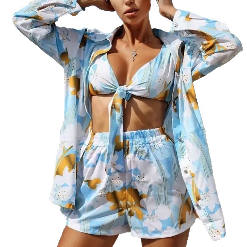 Printed Long-Sleeve Shorts Holiday-Style Casual Three-Piece Set