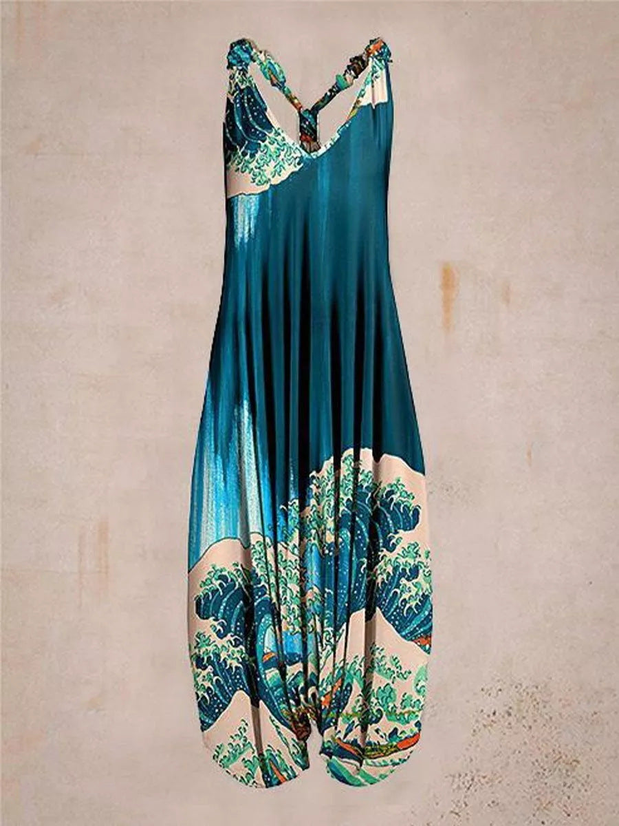 Printed Loose Large Size Haren Pants Beach Suspender Jumpsuit