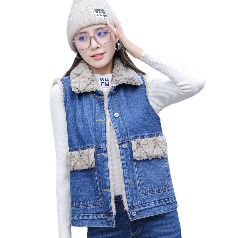 Women's Casual Plaid Plush Denim Cotton Vest