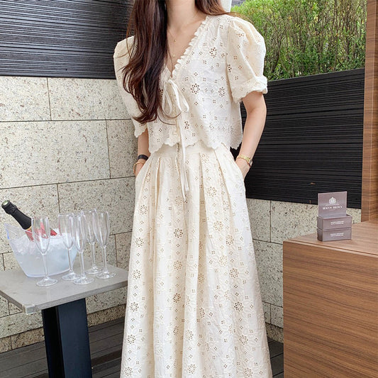 Embroidered Top High Waist Pleated Skirt Two-piece Set