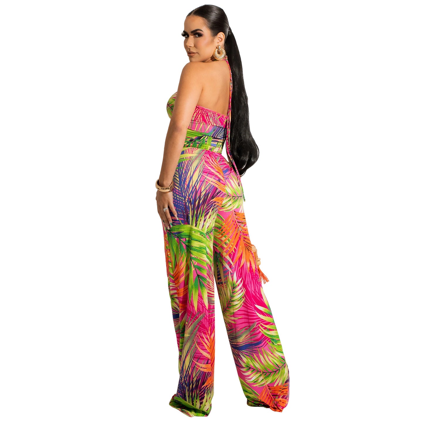 Women's Fashion Digital Print Wrap Chest Wide Leg Pants