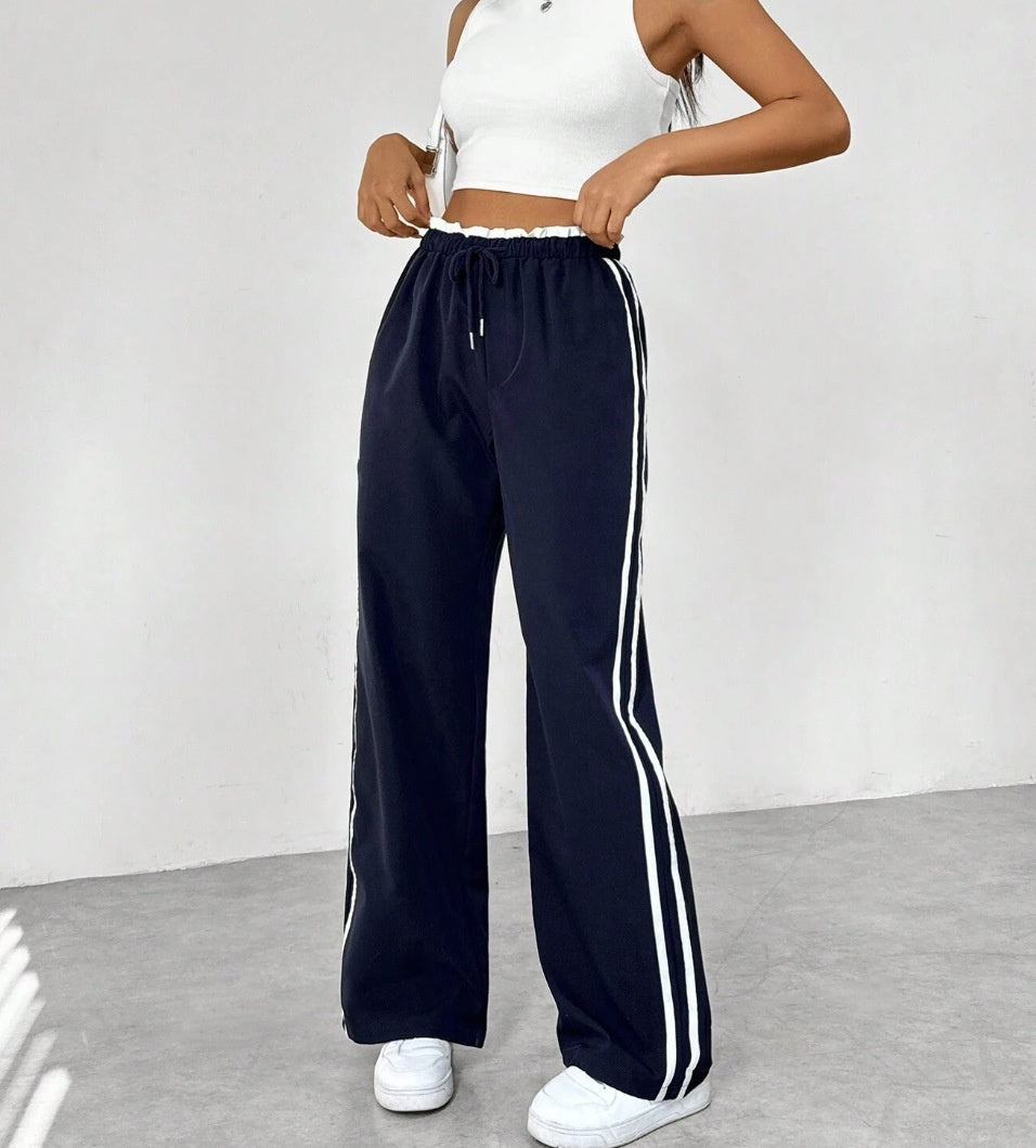 Elastic Waist Black Sports Straight Women's Trousers