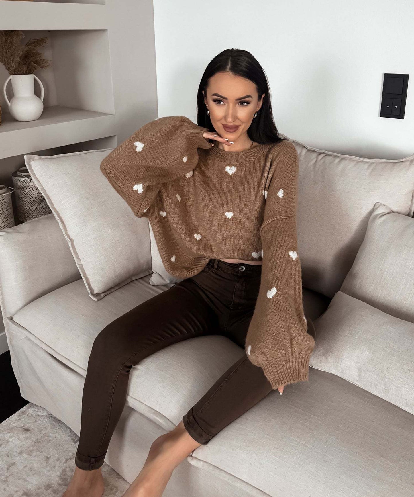 Female With Hearts Loose Sweater Pullover Long Sleeve Sweater