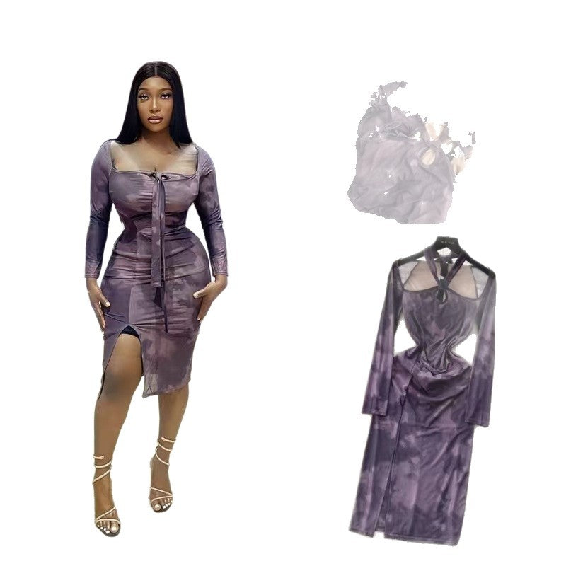 Mesh Print Floral Split Long-sleeve Midi Dress