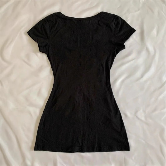 Retro Crew Neck Shoulder Slim-fit Slimming Short Sleeve