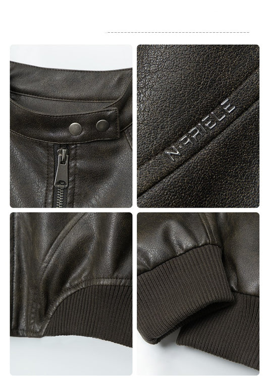 HeyHenry American Fashion Stand Collar Long Sleeve Short PU Leather Short Jacket