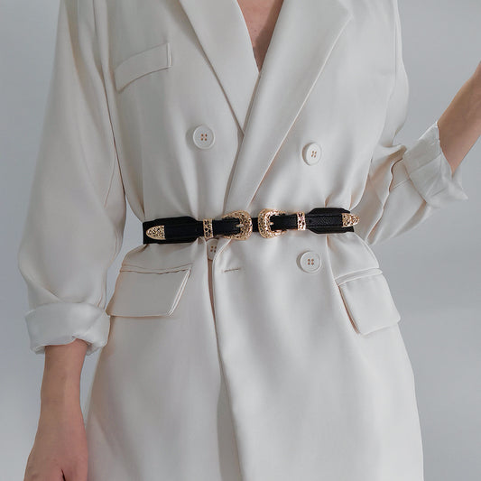 Retro Women's Thin Black Belt Decorative Coat Skirt Coat Fashion Hollowed Out Senior Sense Belt