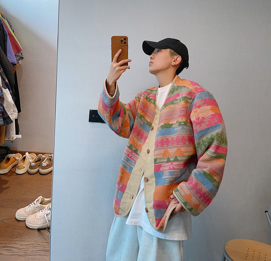 Retro Loose Ethnic Style Contrast Color Woolen V-neck Buttons Rainbow Jacket For Men
