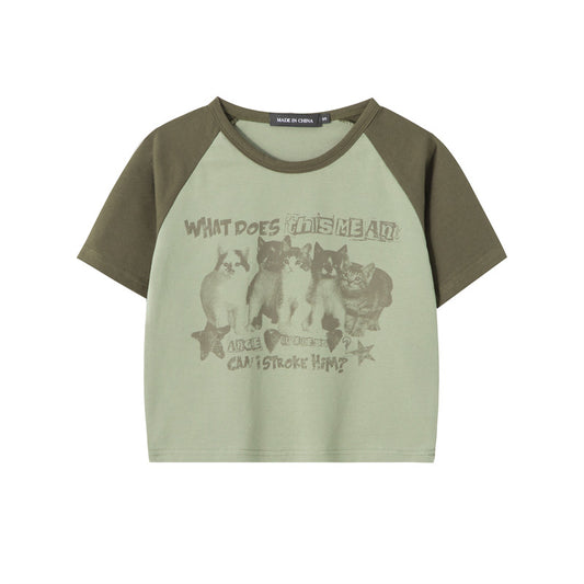 Tofarvet raglanærmer amerikansk retro rund hals kort T-shirt