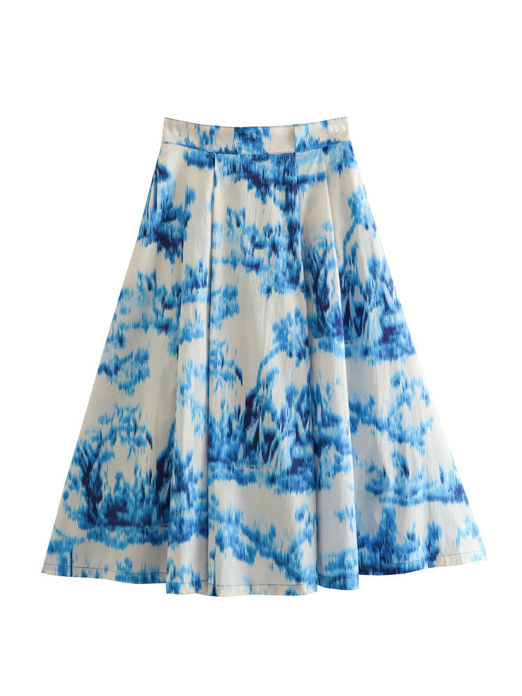 Lapel Loose Printed Poplin Shirt Printed High Waist Skirt