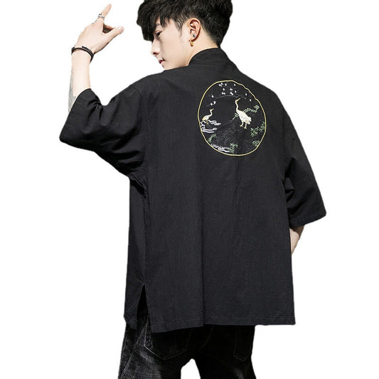 Men's Chinese Style Cotton And Linen Casual Embroidered Cardigan