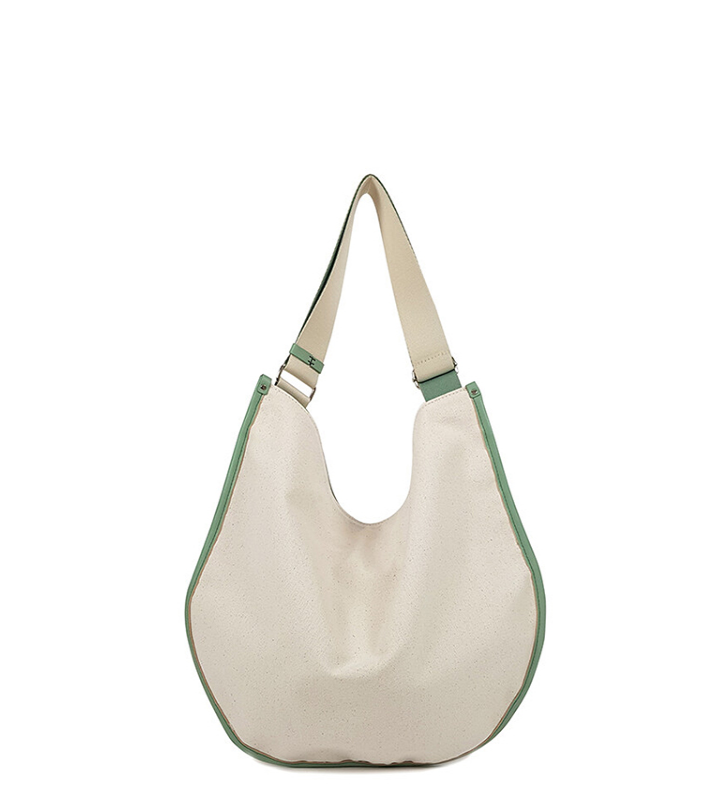 Contrast Color Texture Drawstring Tote Large Capacity Canvas Stitching Leather Simple Bag