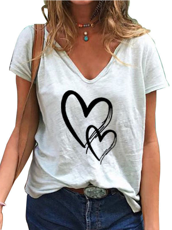 V-neck Loose Casual Heart Printing T-shirt