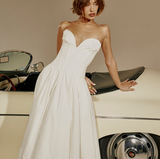 Solid-color V-neck Maxi-length Sleeveless Boned Bustier Elegant Sexy Figure-flattering Midi Dress