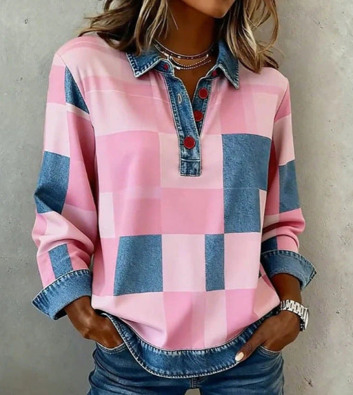 Womens Retro 3D Digital-Print Stand-Up Collar Top