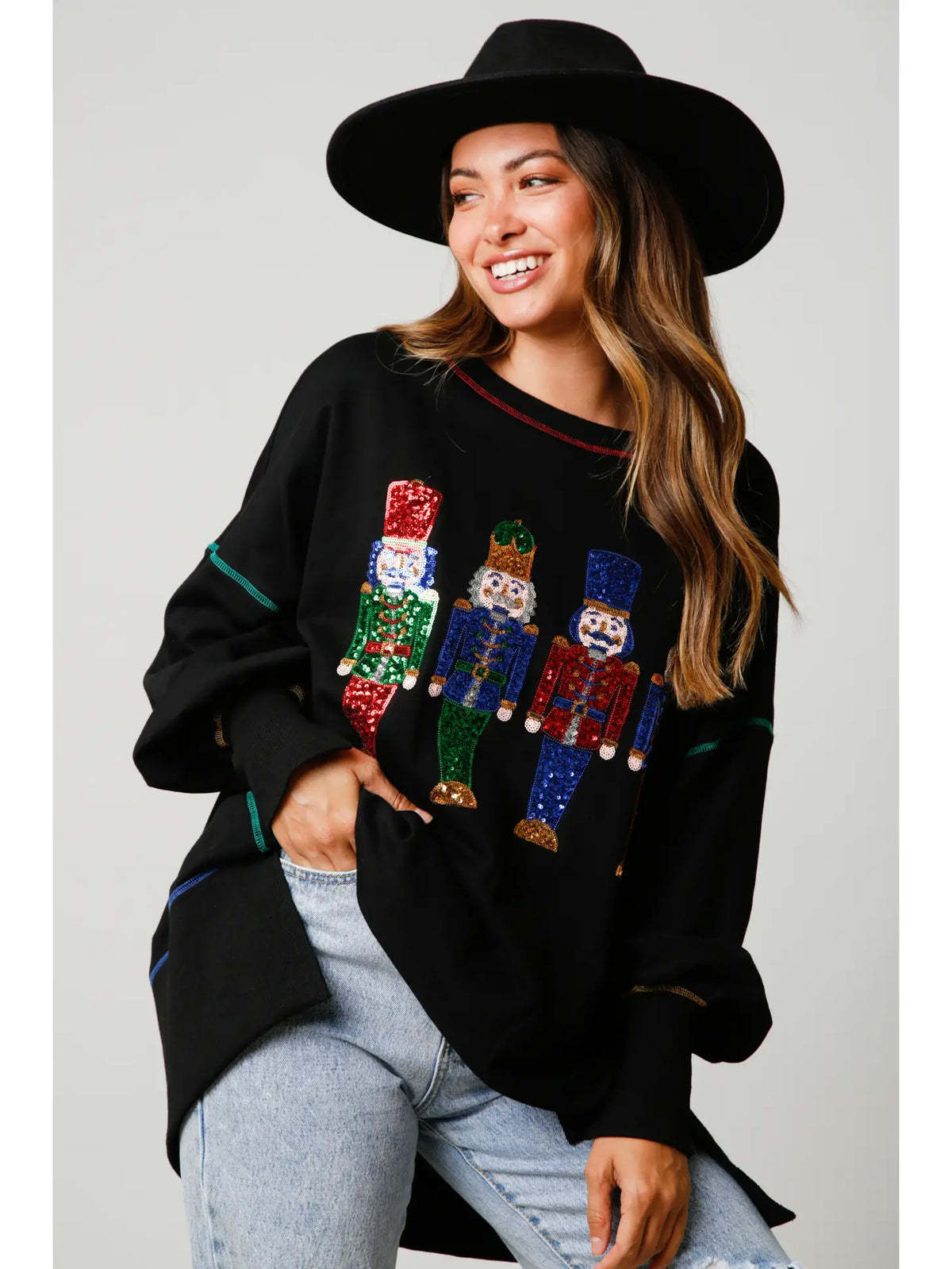 Women's Christmas Sequined Padded Top Long-sleeved Sweater
