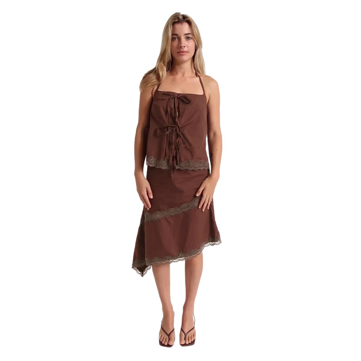 Strapless Halter Top With Ties Lace-trimmed Short Skirt Set