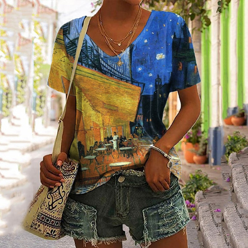 European And American Women's Pullover V-neck Digital Print Top