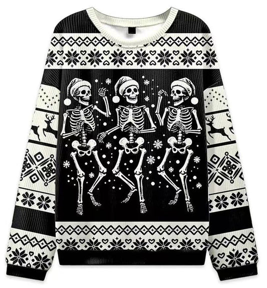 Julesweatshirt til damer med rund hals og snefnugprint, julekattemotiv