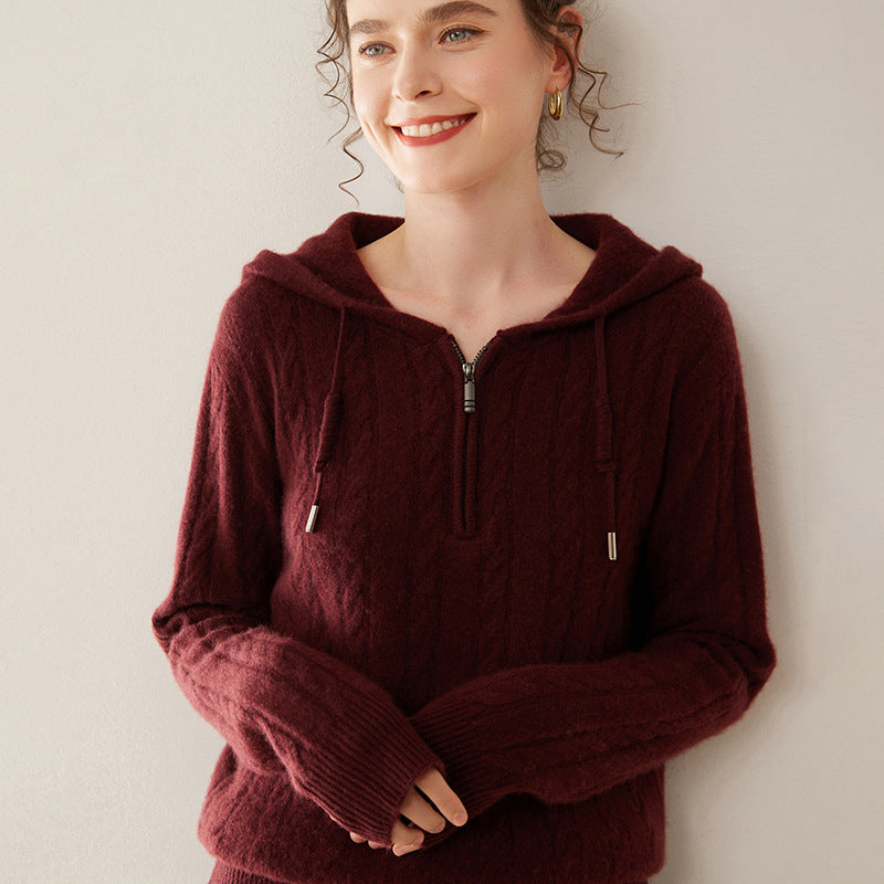 Cashmere Sweater Women's Hooded Twist Half-open Collar Sweater