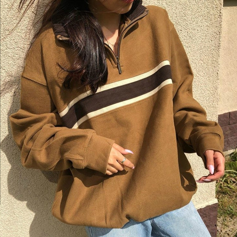Women's American Retro Brown Patchwork Hoodless Stand Collar Pullover Sweatshirt