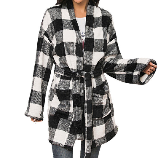 Casual Mid-length Strappy Waist PlaidWomen's Shirt Jacket