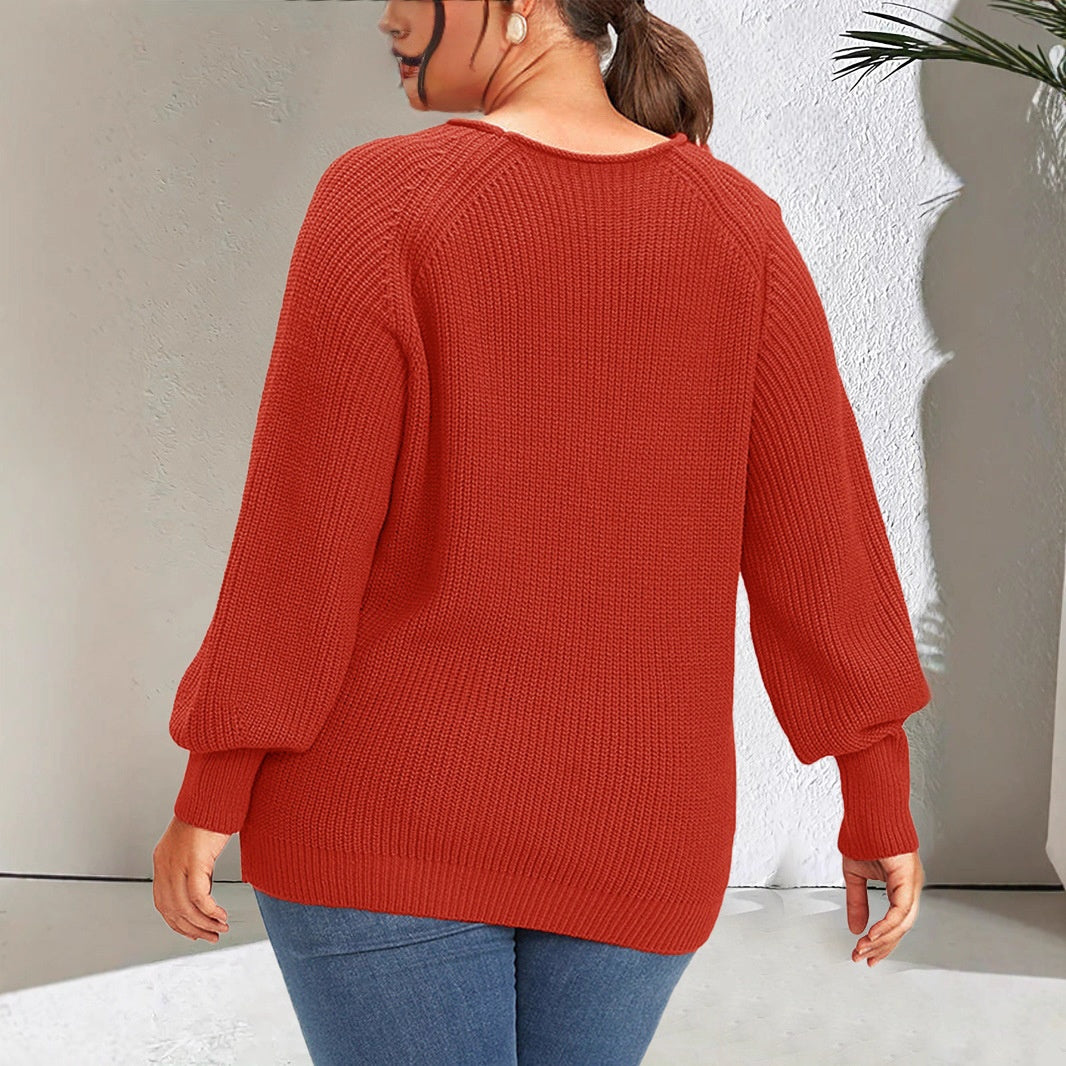 Autumn And Winter New Plus Size Loose Knitted V-neck Solid Color Pullover Sweater
