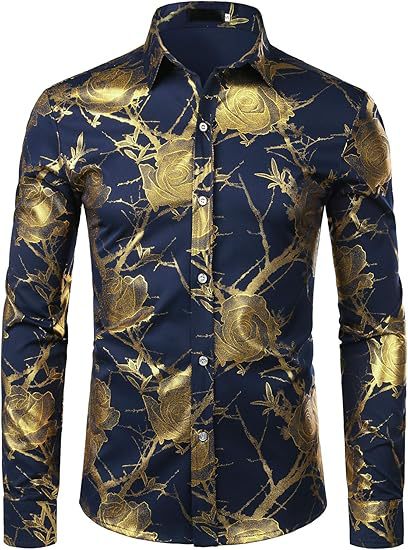 Golden Rose Print Slim Fit Long Sleeve Formal Wear Shirt