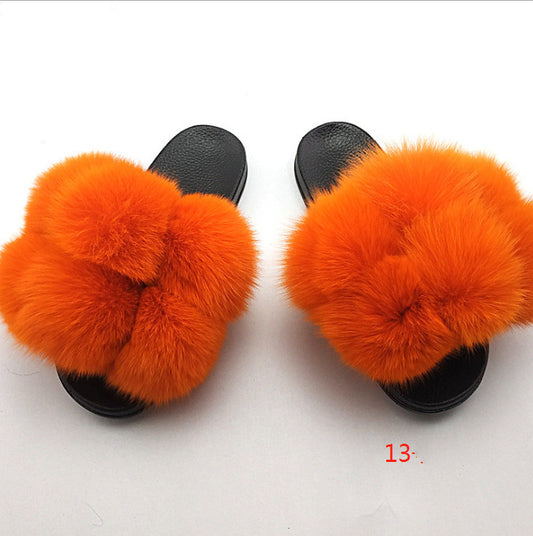 Flip Flops Outer Wear Fox And Raccoon Fur Children's Sandals And Slippers