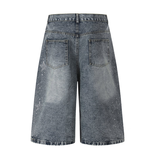 Stjerneformede Rhinestoneudsmykkede Capri Denimbukser Damer Løstsiddende