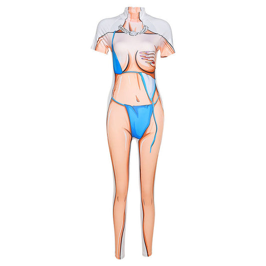 Women's Summer Fashion Colorblock Print Tight Sports Jumpsuit